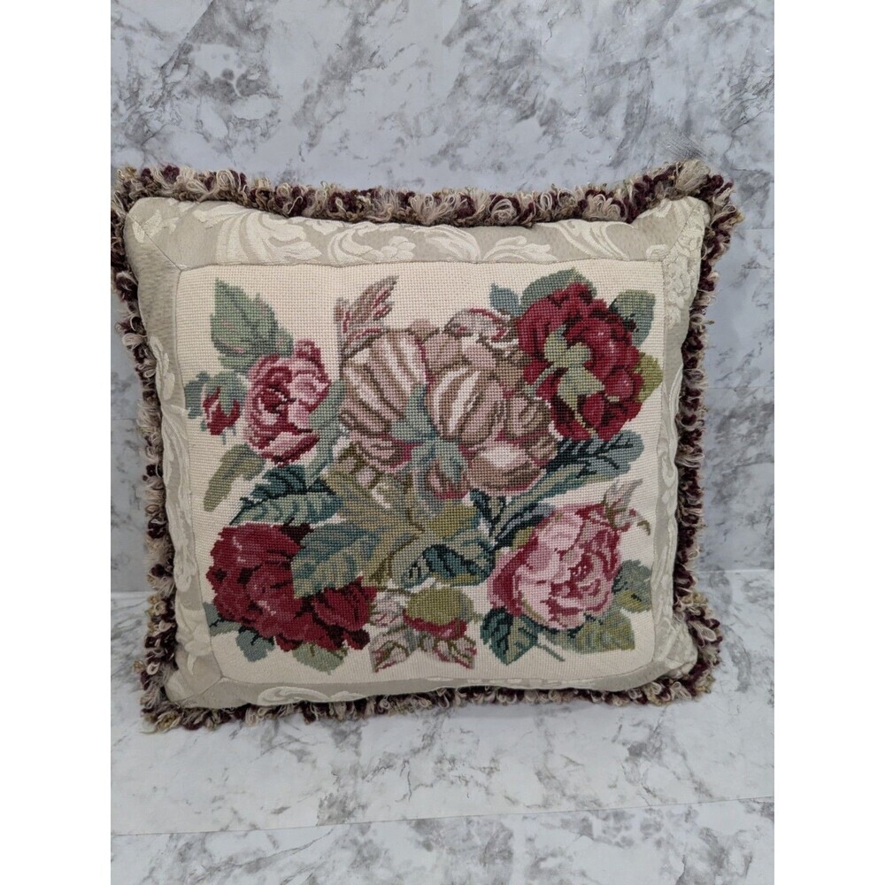 Needlepoint by Hand Cabbage Rose Accent Pillow 17 x 17" Damask Back Fringe